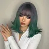 Kort bob syntetiska peruker Medium vågig ombre grå lila grönt hår peruk för kvinnor med lugg cosplay party daglig värmebeständig