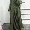 3 Parça Eşleştirme Seti Kadın Müslüman Keten Dubai Arap Mütevazı Kıyafet Kimono Açık Abaya Maxi Elbise Şal Kravat Etek Ramazan Bayram Partisi 220713