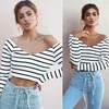 Damska koszulka Hirigin Women Crop Top 2022 Fashion Off Ramię Długie Rękaw Topy Głębokie V-Neck Paski Topwear dla bawełny