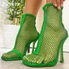 Dress Shoes Eilyken 2022 Nieuw design groen zwart vierkant teen mesh rek stof sok laarzen mode sexy hoge hakken sandalen 220507