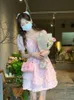 Summer Floral Kawaii Party Mini Dress Women Print Pink Korean Style Chic Fairy Dress Puff Sleeve Princess Sweet Cute Dress 220517