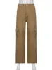 Vintage Khaki Wide Leg Cargo Jeans Hög midja Big Pockets Baggy Denim Trousers Casual Overized Pants Street Sweatpants Iamty 220526