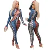 Women's Jumpsuits & Rompers 1 Piece Jumpsuit Long Sleeve Women Snakeskin Printed Sexy Bandage Hollow Out Nightclub Clothing 2022