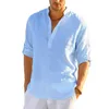 Chemises en coton et lin pour hommes décontractés 2022 été ample à manches longues solide t-shirt mode col en v respirant mâle chemisier chemise hauts G220512