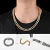 Colar de pulseiras com elo cubano de corrente hiphop para homens e mulheres cheio de diamantes pedra prata ouro joias