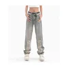 2022 Fashion Grey Pants Ripped Wide Leg Jeans Retro High Waist Zipper Women's Trousers Mujer L220726