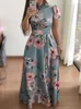 Frauen Sommer Langes Kleid Casual Boho Blumen Druck Maxi Kleid Rollkragen Verband Elegante Party Kleider Vestidos