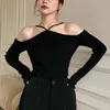 Kvinnors t-shirt off-shoulder Top Women's Spring and Summer Slim Long-Sleeved Suspender Halter Neck Sticked tröja.