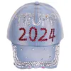 Stock Trump 2024 Diamonds Denim Sun Hat Casual Diamond Baseball Cap Athleisure Regulowany kapelusz bawełniany C0801x13