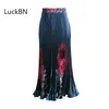 Vintage Cartoon Print Christmas Skirts Pleated Thin Silk Big Swing Umbrella Party Bright Satin High Waist Long Women 220317