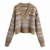 Women Autumn Warm Pullovers Sweaters Long Sleeve V Neck Jacquard Loose Female Fashion Street Vintage Wool Knitted Sweater 210513