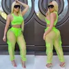 NEON TrackSuit 2 조각 세트 여성 농작물 탑 및 투명 바지 세트 캐주얼 조깅 팜므 스포츠웨어 여름 옷 플러스 사이즈