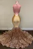 2022 Rose Oro Paillettes Prom Abiti Abiti Sirena Sexy Halter Backless Made Custom Made Pavimento Lunghezza senza maniche Laurea Party Ball Gown Sera Formal Vestidos