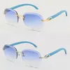 Klassisk metallkantlös solglasögon Blue Wood Glasses Outdoors Driving Sun Glasses Designer Diamond Cut Lens Mens Women 18k Gold Stora runda ramar Storlek: 61-18-140mm