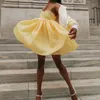 2022 Princess Yellow Checkred Plaid Print Ball Gown Sling Organza Dress Women Spliced Lace Swing Mini Fairy Robe Vestidos 220511