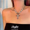 Chokers Vintage minimalistyczny świecący krzyż wisiorek naszyjniki dla kobiet dziewczyna prezent rocznica ślubu Trendy biżuteria na szyję Goth naszyjnik z pereł GC974