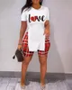 Women Suit s Short Sleeve Round Neck Plaid Letter Print Split Hem Top and Summer Shorts Woman Clothing Set 220708