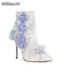 Botines de mujer con flores bordadas, zapatos de boda de tacón alto de aguja con punta estrecha, Botas femeninas de perlas hechas a mano de calidad 220729
