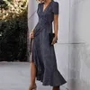 2021 Women Dress Floral Print Sexig V Neck Ruffle Hem Short Sleeve Wrap Elegant Vintage Floral Print Maxi Dress Streetwear Dress G220510