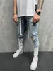 Men's Skinny Jeans Pants Men Hole Frayed Contrasting Print Flame Colorblock Jean Pant Big Size Trousers 3XL