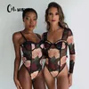 CNYISHE Fashion Floral Mesh Sheer Langarm Bodys Frauen Strampler Party Sexy Schlank Teddy Overall Weibliche Overalls 220505