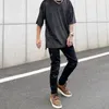 Jeans pour hommes High Street Patch en cuir Hommes Rides Lavage Eau Slim Fit Stretch Noir Homme Moto Pantalon Déchiré Pour Hommes