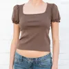 Vintage Brown Bomull Tee Kvinnor Sommar Sexig Square Collar Kortärmad Ruffles Toppar Femme Casual Streetwear T Cute 220321