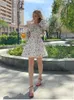 Asia Floral Dress Women Lantern Long Sleeve Ruched Print A Line Square Neck Tie up Mini Vestidos Sexy Chic Summer Beach 220418