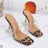 Large Size Transparent Crystal Shoes Woamn New Fashion Design Square Toe High-heeled Sandals Luxury Sexy Leopard Print Shoes H220422