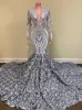 Sier Mermaid 2022 Prom Dresses With Long Sleeves Lace Applique Plunging V Neck Custom Made Satin Plus Size Evening Party Gown Formal Wear Vestidos estidos
