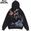 Hip Hop Men z kapturem streetwearu Japan Sakura Hafdery Wonderland Print Bluza Autuszowa swoboda Bawełna Kwiatowa Czarna 220402