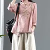 Vårkonst Stil Kvinnor Vintage Knapp Stativ Krage Loose Shirts Bomull Linen Broderi Blouse Femme Blusas Plus Storlek S700 220402