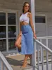 DGIRL Button Front Longline Denim Skirt Retro Long Summer Skirts Girls High Waist Split Jeans Straight Maxi 220317