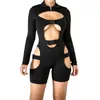 Novel Bandage Club Jumpsuit Women Hollow Out Long Sleeve Skinny Shorts Bodysuit 8075 W220427