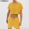 Conjuntos para hombres de moda Streetwear Color sólido Manga corta Crop Tops Pantalones cortos con cordón Hombres Trajes casuales Dos piezas INCERUN S5XL 220602