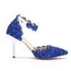 Blue Dantel Düğün Ayakkabıları Ayak Bileği Kayışları Stiletto Topuk Noktalı Toe Gelin Elbise PMPS Yıldönümü Töreni Yüksek Topuklular Nedime Ayakkabı