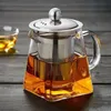 550ml Clear Heat Resistant Glass Teapot Stainless Steel Infuser Filter Basket High Transparency Heated Square Kettle Flower Tea Pot High Borosilicate ZL0741