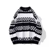 2021 Korean Fashion Stylish Plaid Men Oversize Knitted Sweater Round Neck Casual Couples Knitwear Women Kpop Pullover Pull Homme T220730