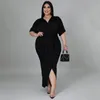 Plus size jurken lente elegante maxi jurk voor vrouwen casual v nek korte mouw hoge taille onregelmatige ruches feest bodycon jurkenplus