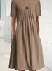 Casual Dresses Summer Elegant O-hals Solid Midi Dress Office Kort ärm Loose Party Women Fashion Draped Pockets rak