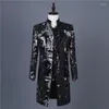 Herrgravrockar Performance Jacket Black Sequins Suit Windbreaker Stand Collar Nightclub Host Costume Mid-Long Coat Kend22