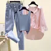 Damen Zweiteilige Hose Damen Gestreiftes Hemd Weste Jeans DREI Frühling Herbst Eleganter Blusenanzug Koreanische Mode Top Denim Hosen Set E