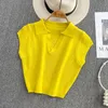 Polos Femmes Mode Chemise tricotée Femmes Coréen Turn Down Collier Couleur Solide 2022 Été Casual Sans Manches Crop Top Chemise LadiesWomen's W