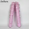 Sorbern Pink Shiny Ballet Boots Wedge Knee High Unisex With 8 Locks And Keys Bdsm Booties Custom Wide Calf Lace Up Front Straps