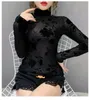 Black Green See Through T Shirt Floral Sexy Mesh T-shirt Female Turtleneck Casual Tee Shirt Femme Fashion Tight Top S-3XL