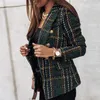 Women Long Casual Blazer Jacket Spring Autumn Fashion Double Breasted Tweed Check Print Coat Vintage Pocket Outerwear 220331