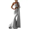 Enkel Arabisk One Shoulder Mermaid Prom Klänningar Två Piece Långärmad Special Occasion Grows Crop Top Cocktail Party Dress Women Girls Silver Satin Evening Wear