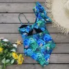 Högkvalitativ sexig en axel ruffle One Piece Swimsuit Print Floral badkläder Kvinnor Baddräkt Baddräkt Beachwear Monokini6572424