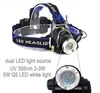 Usb rechargeable headlamps with 18650 battery dual light sources purple+white zoom head lamp lights waterproof uv lights headlamp scorpion fishing headlight
