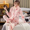 Ropa de dormir para mujer Flores Ropa para el hogar Pijamas de algodón con solapa para mujer Camisón con estampado de estudiante Pantalones de manga larga Pijamas Trajes de mujer